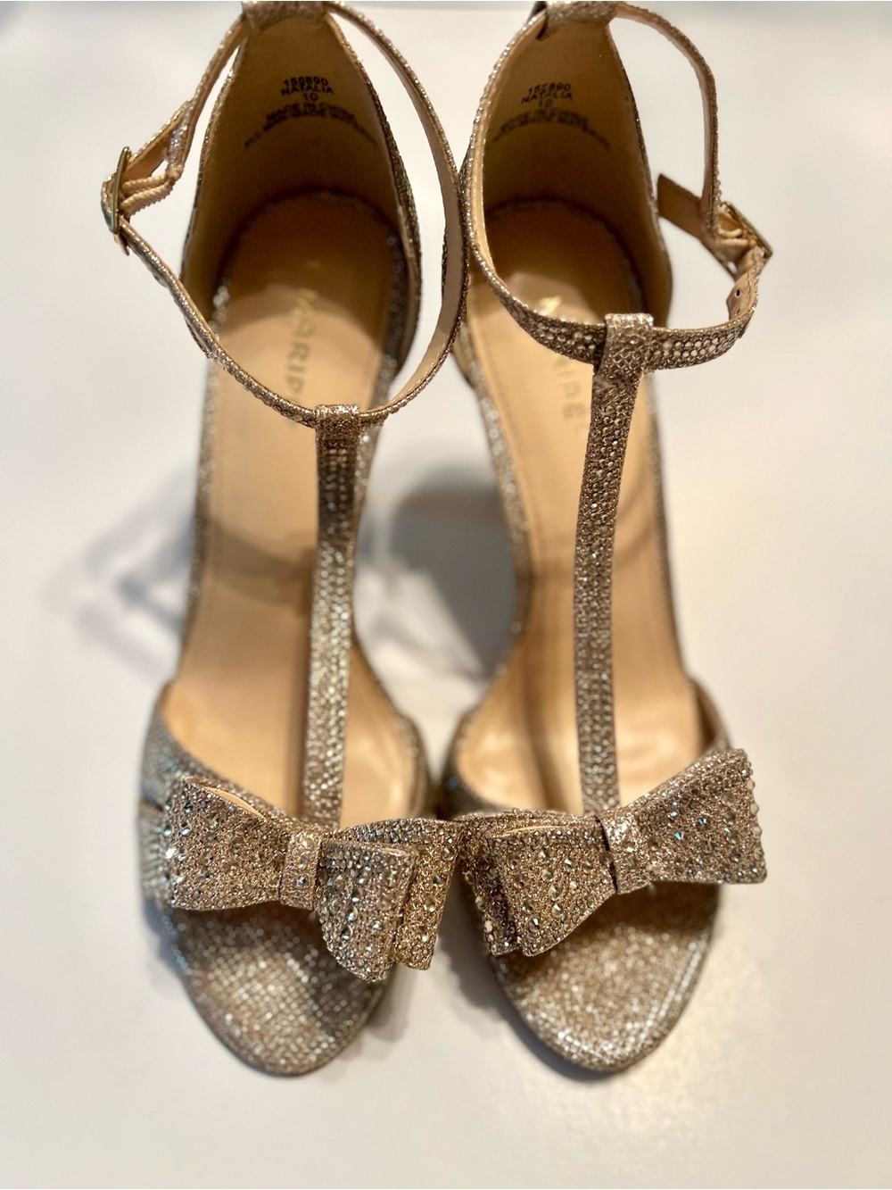 Maripe Gold Glitter Bow T‑Strap Sandals-Size 10